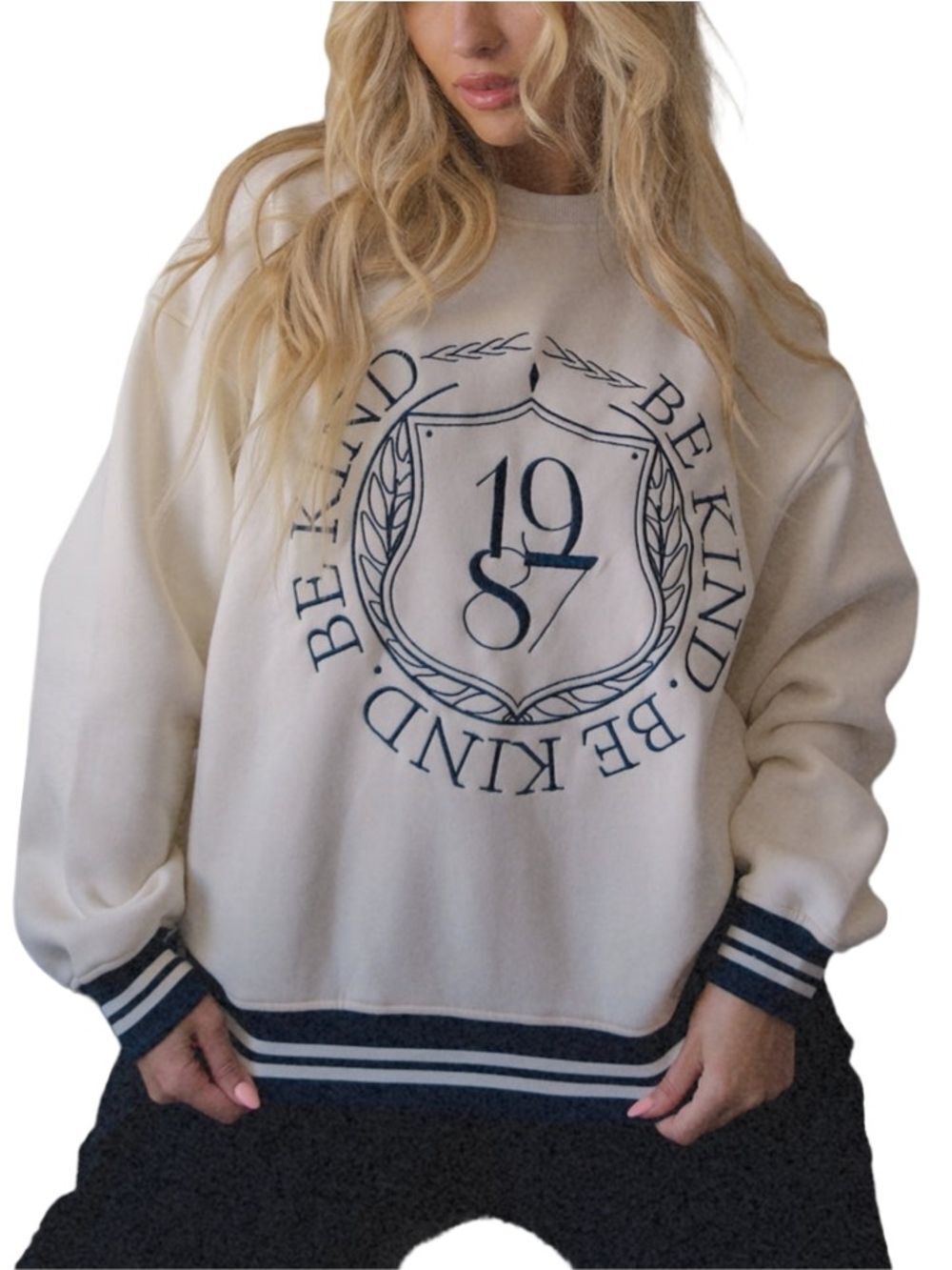 Bailey Rose Womens Off White 1987 Be Kind Embroidered Fleece Sweatshirt Small